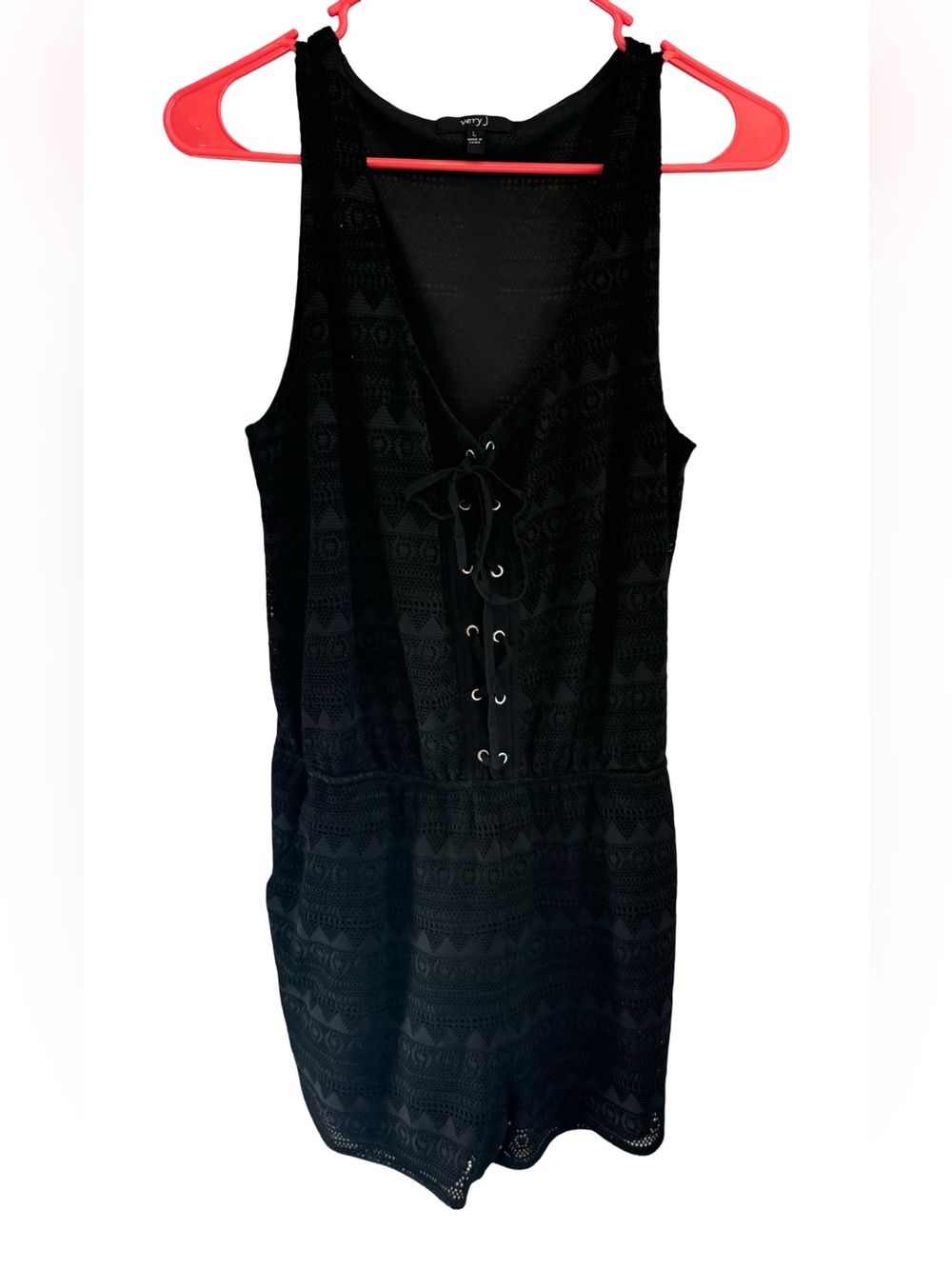 Very J Black Lace Romper Crochet Lace Up Front Pockets Elastic Waist L
